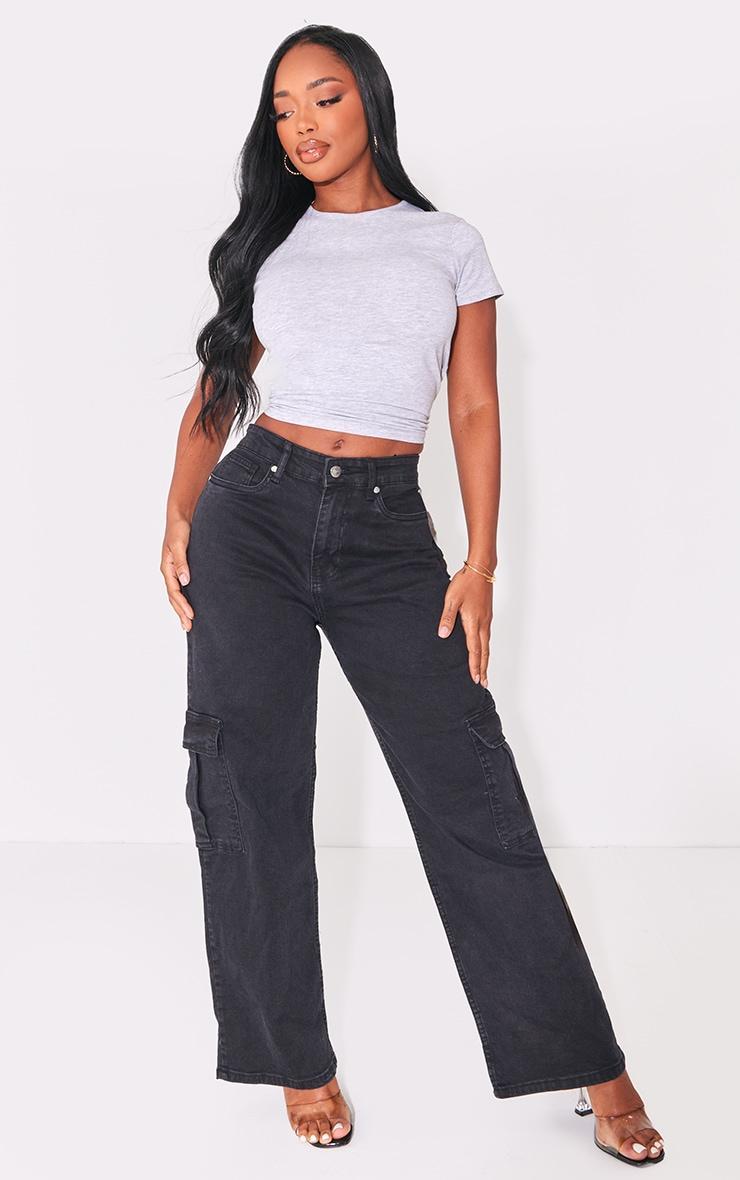 PRETTYLITTLETHING Shape Washed Black Cargo Wide Leg Jeans Product Image