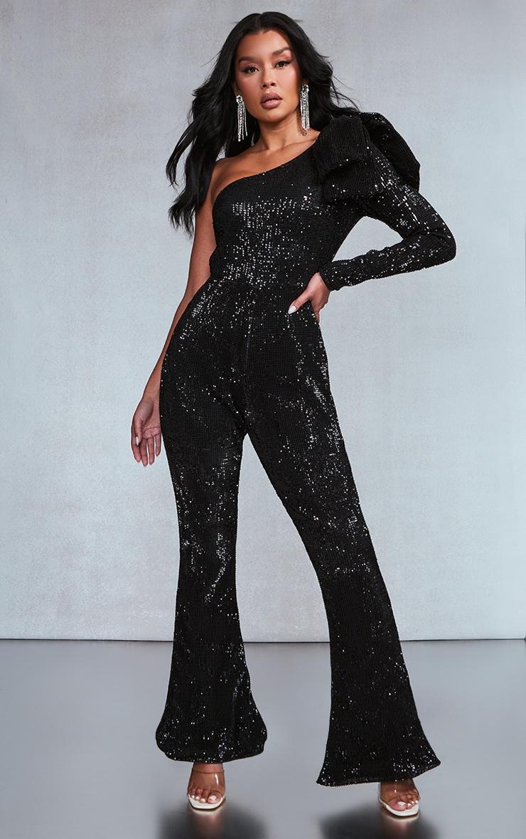 Black Sequin Bow One Shoulder Flared Jumpsuit Product Image