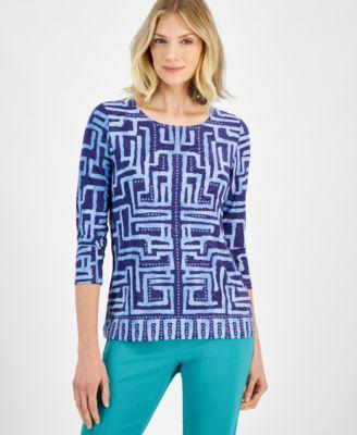 Petite Leah Labyrinth Print 3/4-Sleeve Top, Created for Macy's Product Image