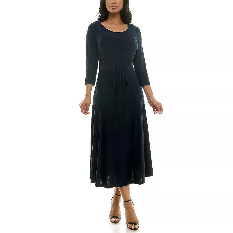 Womens Nina Leonard Sylvia Long Sleeve Tie Waist Midi Dress Blue Stitched Product Image