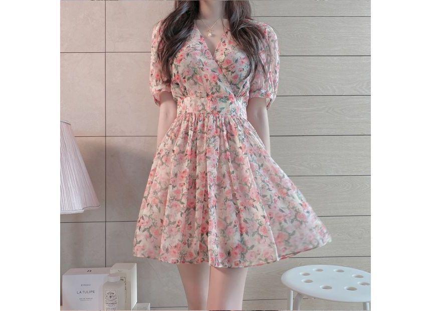 Floral Short-Sleeve V-Neck Mini A-Line Dress Product Image