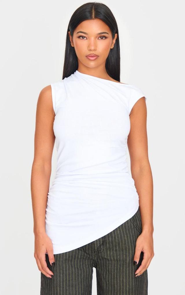 White Asymmetric Shoulder Ruched Longline Top Product Image