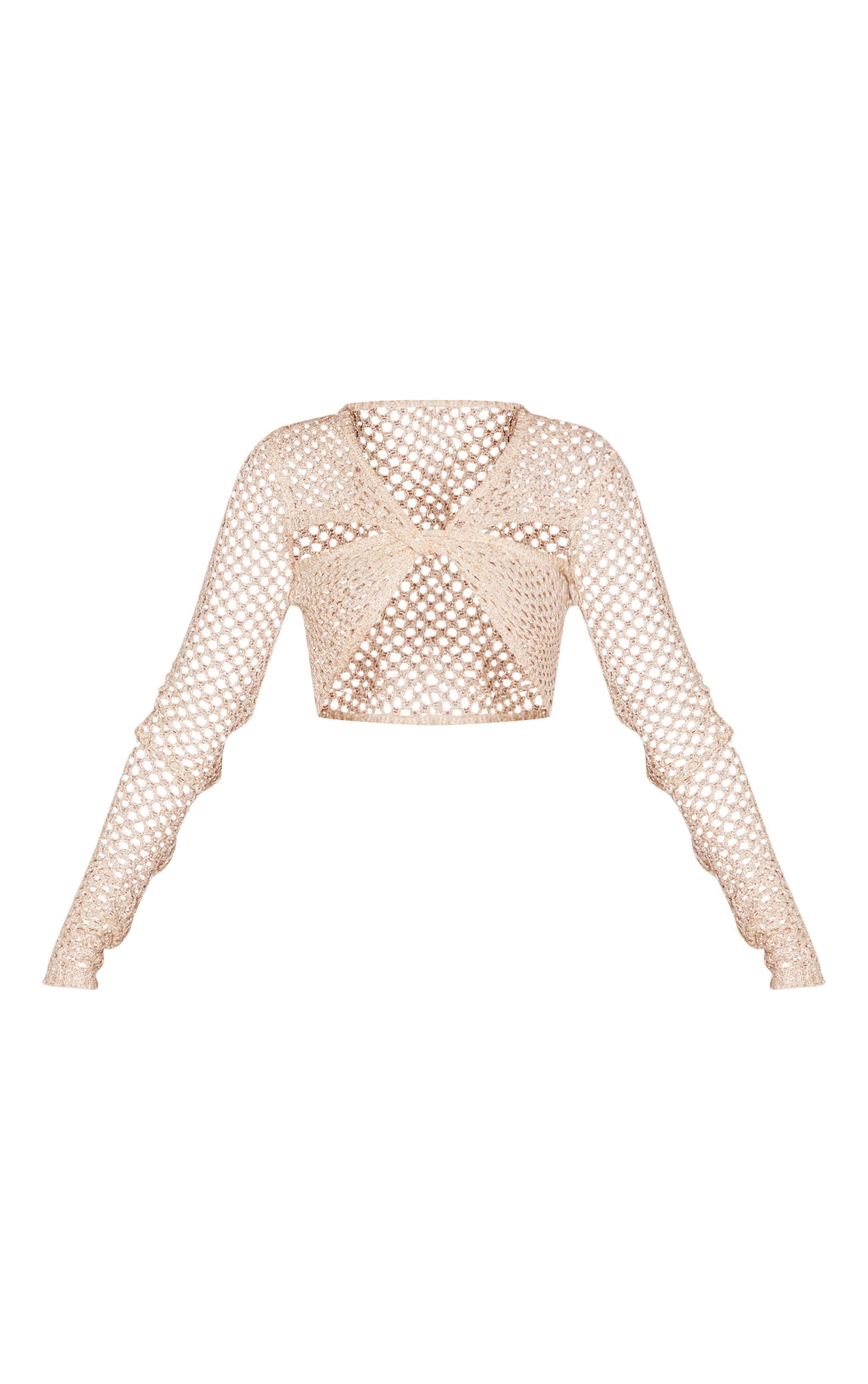 Cream Open Crochet Sequin Knit Crop Top Product Image