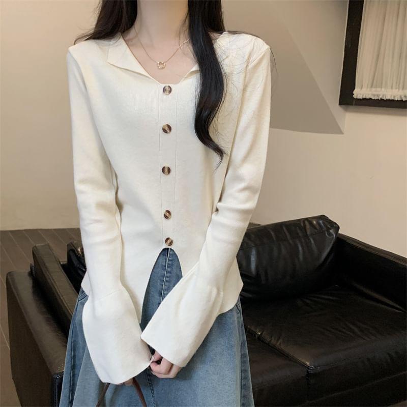 V-Neck Plain Front-Slit Sweater Product Image