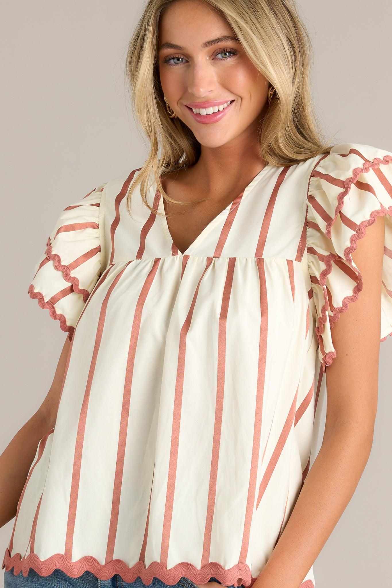 Harmony Hues Ivory Stripe Flutter Sleeve Blouse Product Image