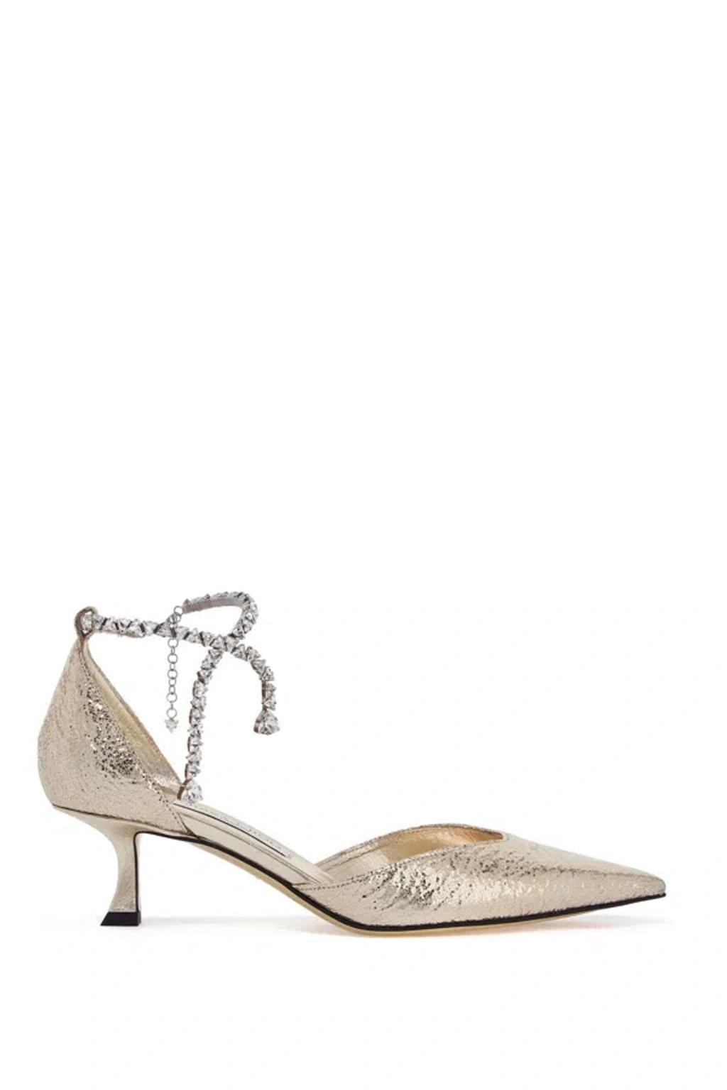 JIMMY CHOO Metallic Crinkled Leather Pointed Toe Pumps With Crystal Ankle Strap In Gold product image