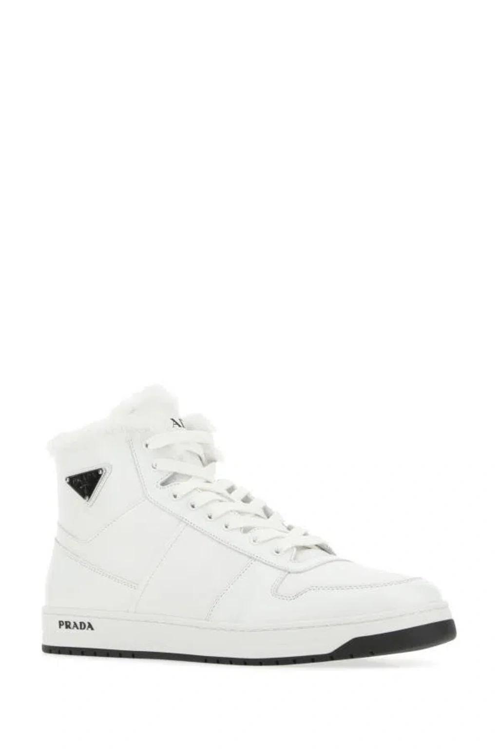 PRADA New Avenue Triangle High-top Sneakers In Bianco Nero Product Image