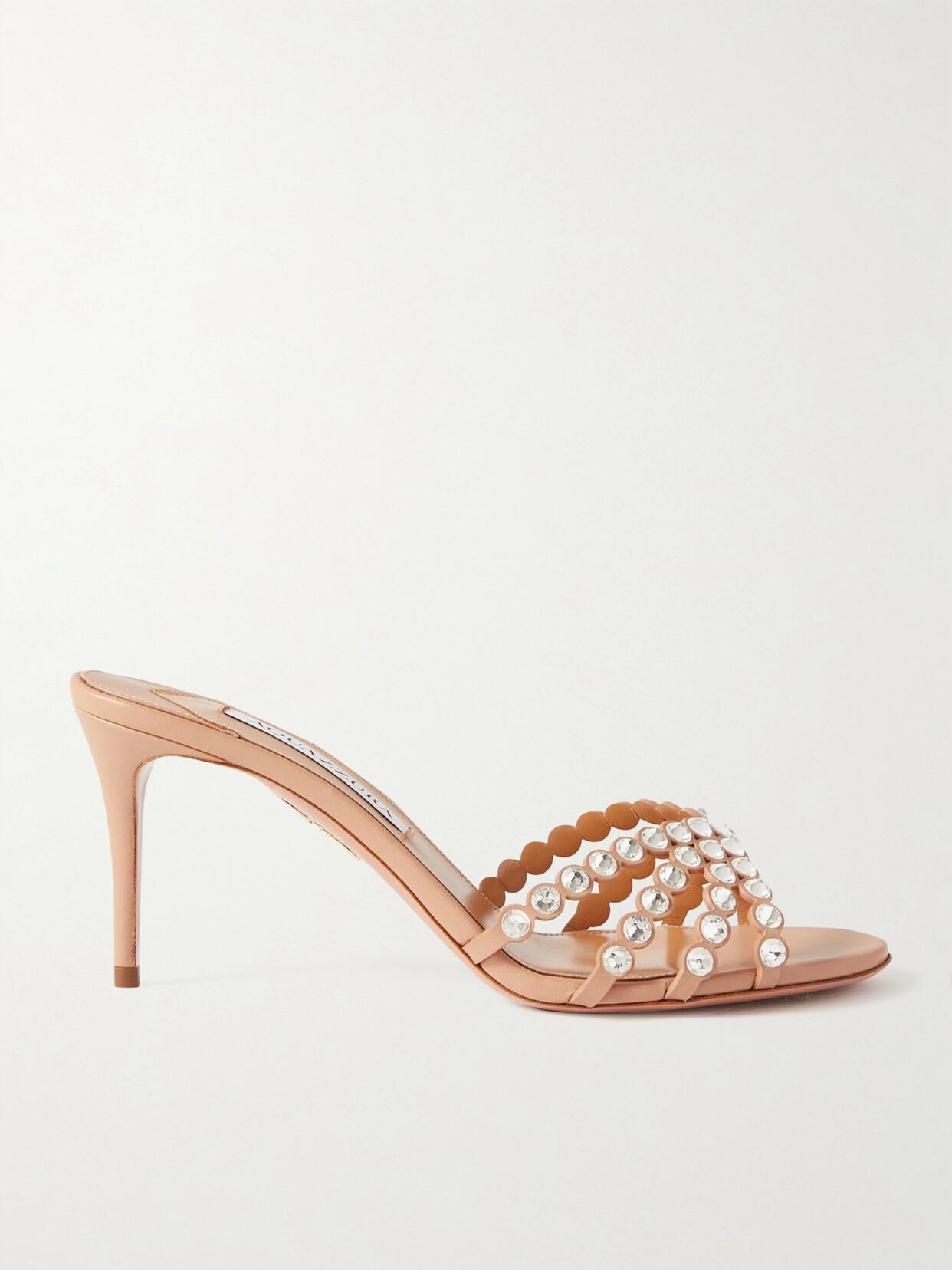 AQUAZZURA Tequila Gem-embellished Leather Heeled Sandals In Brown Product Image