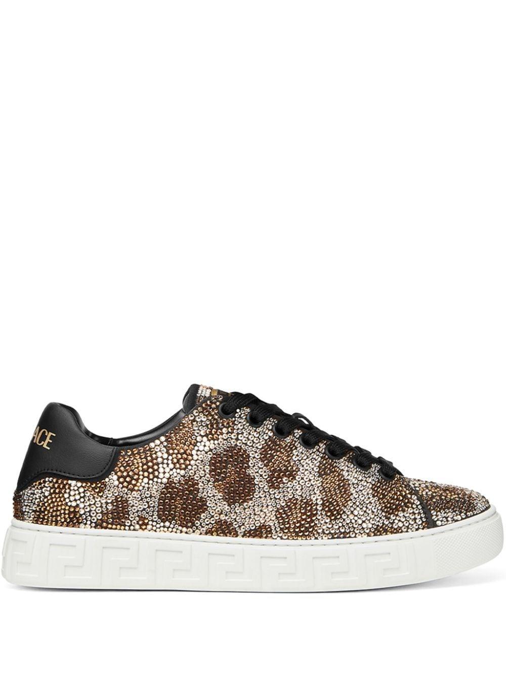 VERSACE La Greca Leopard Crystal Low-top Sneakers In Brownblack Product Image