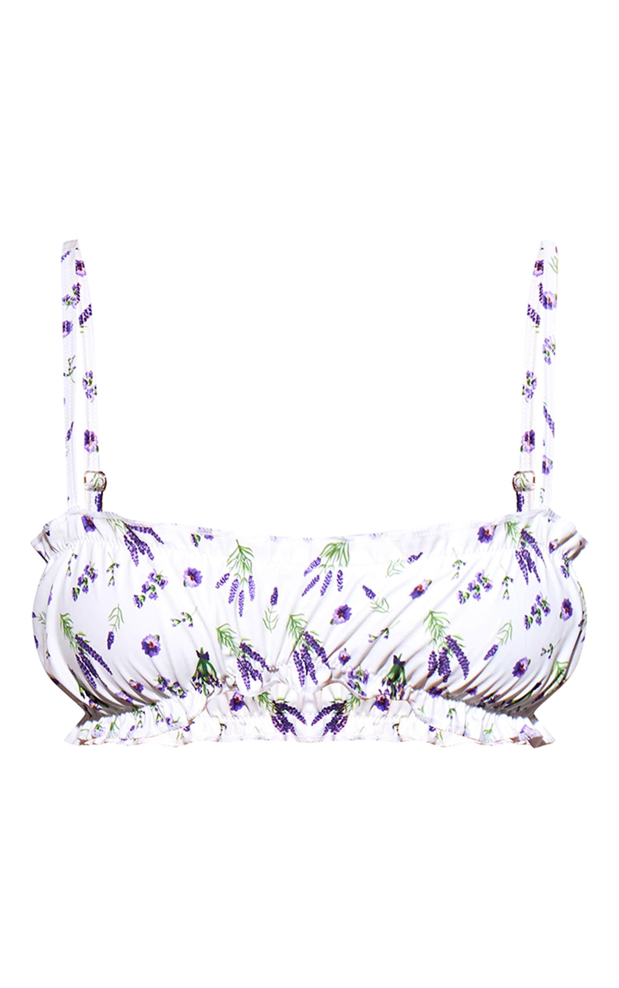 Cream Floral Print Frill Bikini Top Product Image