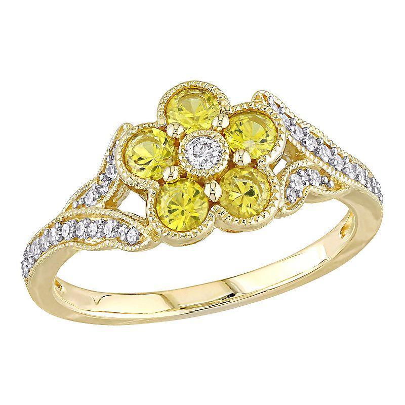 Stella Grace 10K Gold Yellow Sapphire & 1/6 Carat T.W. Diamond Flower Ring, Womens Product Image