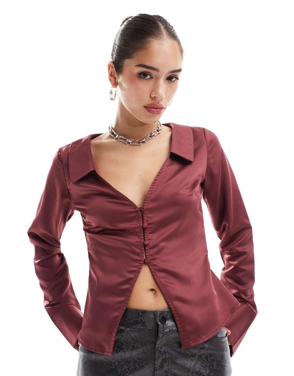 ASOS DESIGN satin fitted shirt in burgundy Product Image