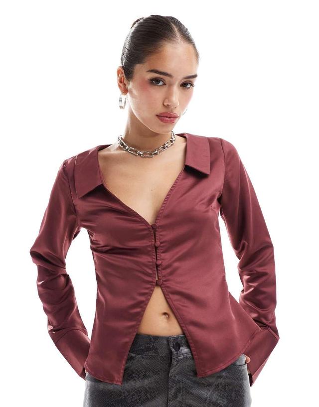 ASOS DESIGN satin fitted shirt in burgundy Product Image