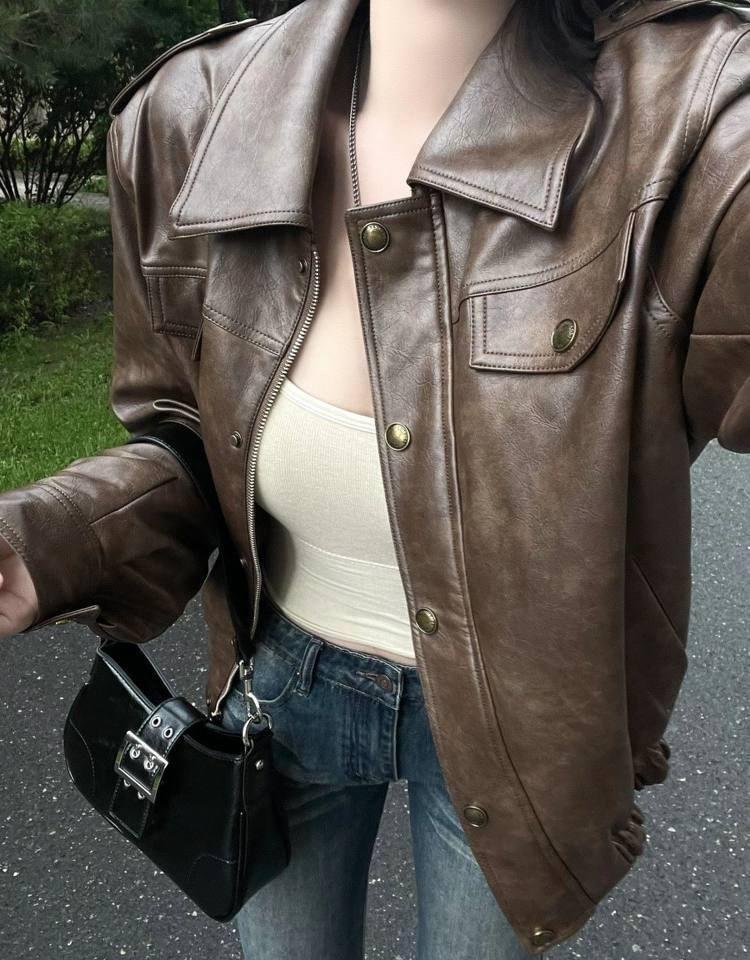 Collared Plain Faux Leather Button Jacket Product Image