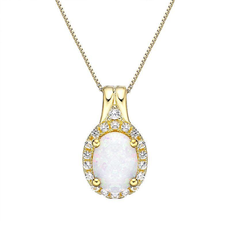 Gemminded 18k Gold Over Silver Lab-Created Opal Pendant Necklace with Lab-Created White Sapphire Halo, Womens 18k Gold Plated Product Image