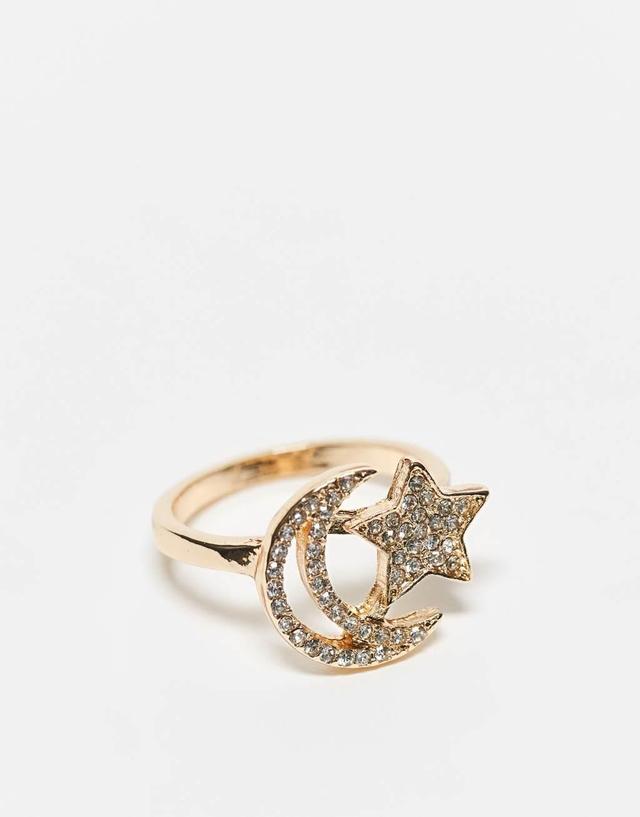 ASOS DESIGN ring with star and moon design in gold tone Product Image