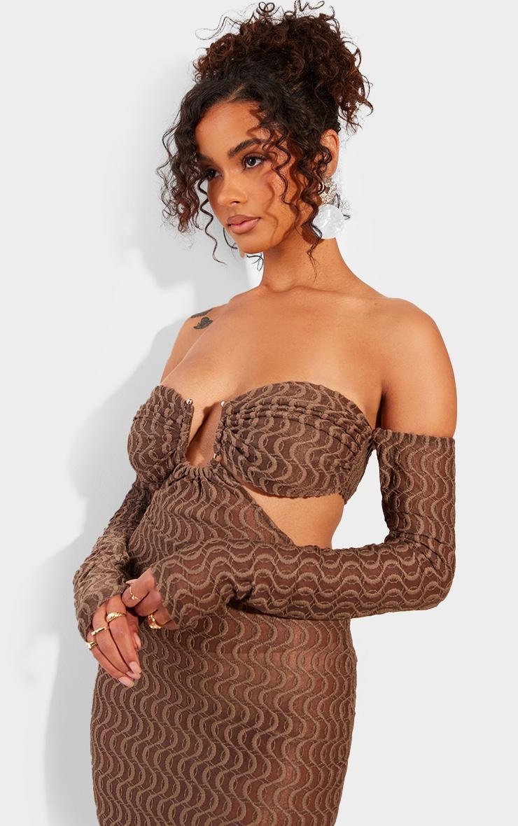 Chocolate Brown Ribbed Bardot Long Sleeve Cut Out Maxi Dress Product Image