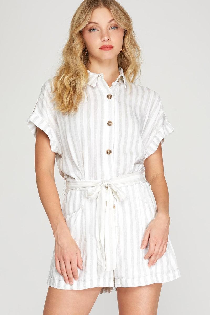 Drop-Should Button-Down Striped-Romper Product Image