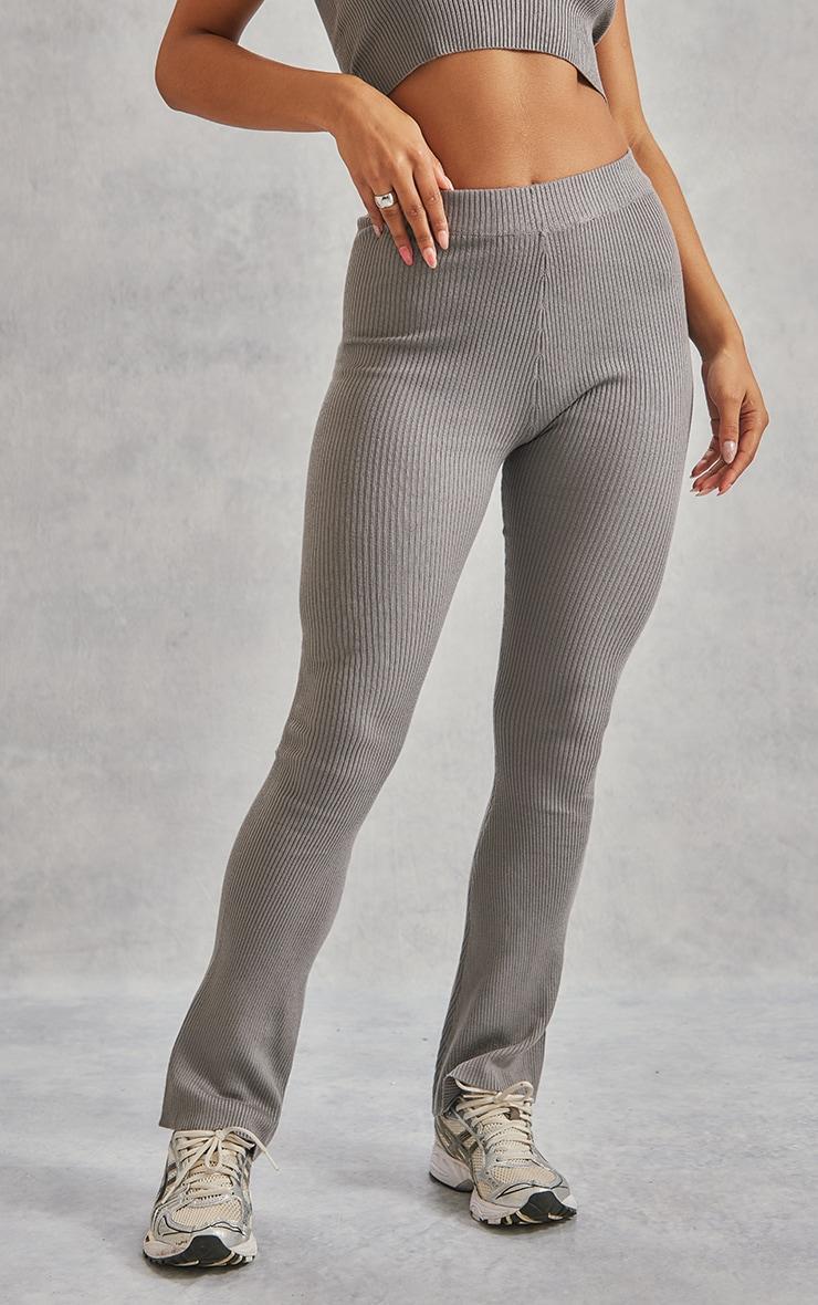 Grey Basic Rib Knit Kick Flare Pants Product Image