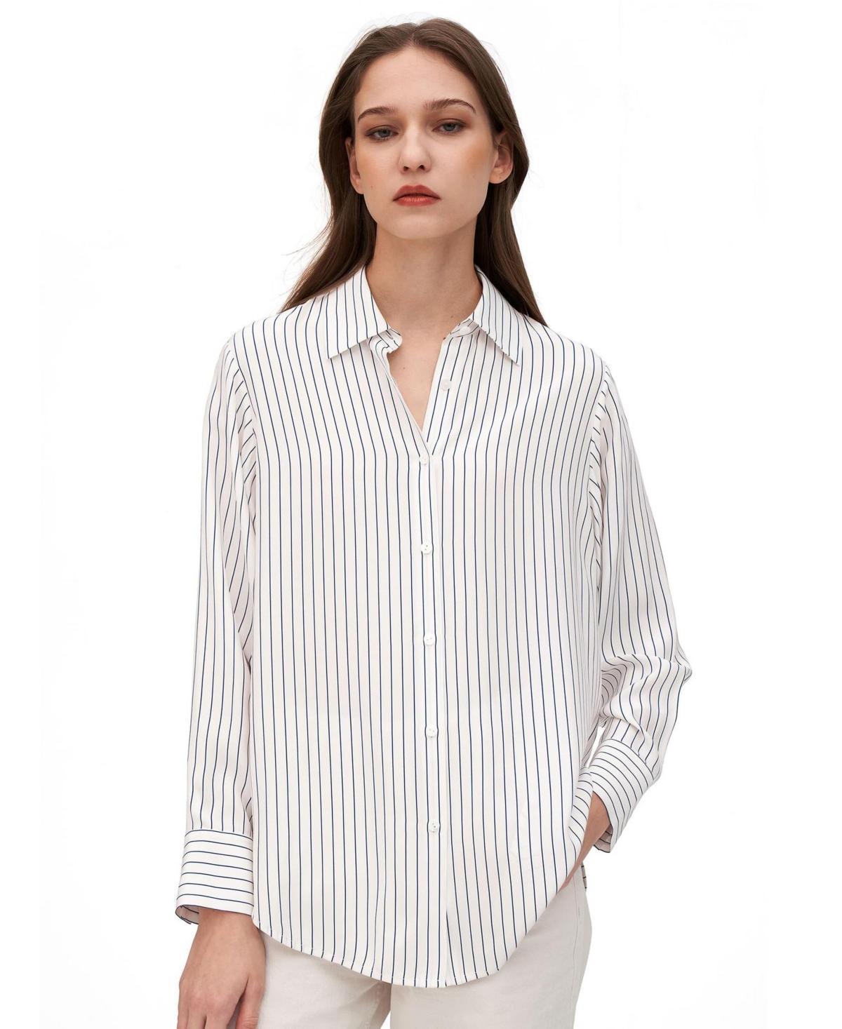 Button Down Striped Silk Blouse for Women Product Image