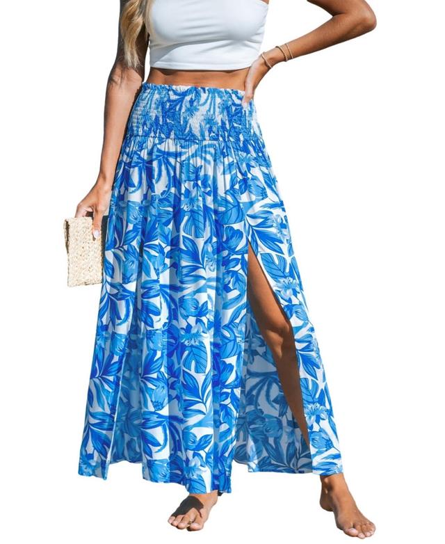 Cupshe Womens Blue Tropical Smocked Waist Maxi Cover-Up Skirt - Light Product Image