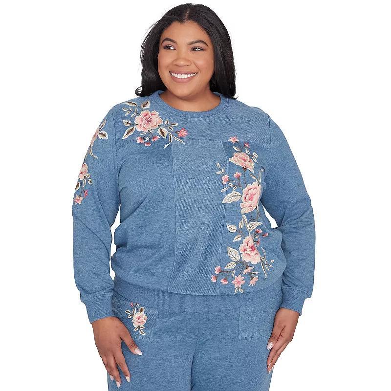 Plus Size Alfred Dunner Cozy Floral Embroidered Long Sleeve Top, Womens Blue Product Image