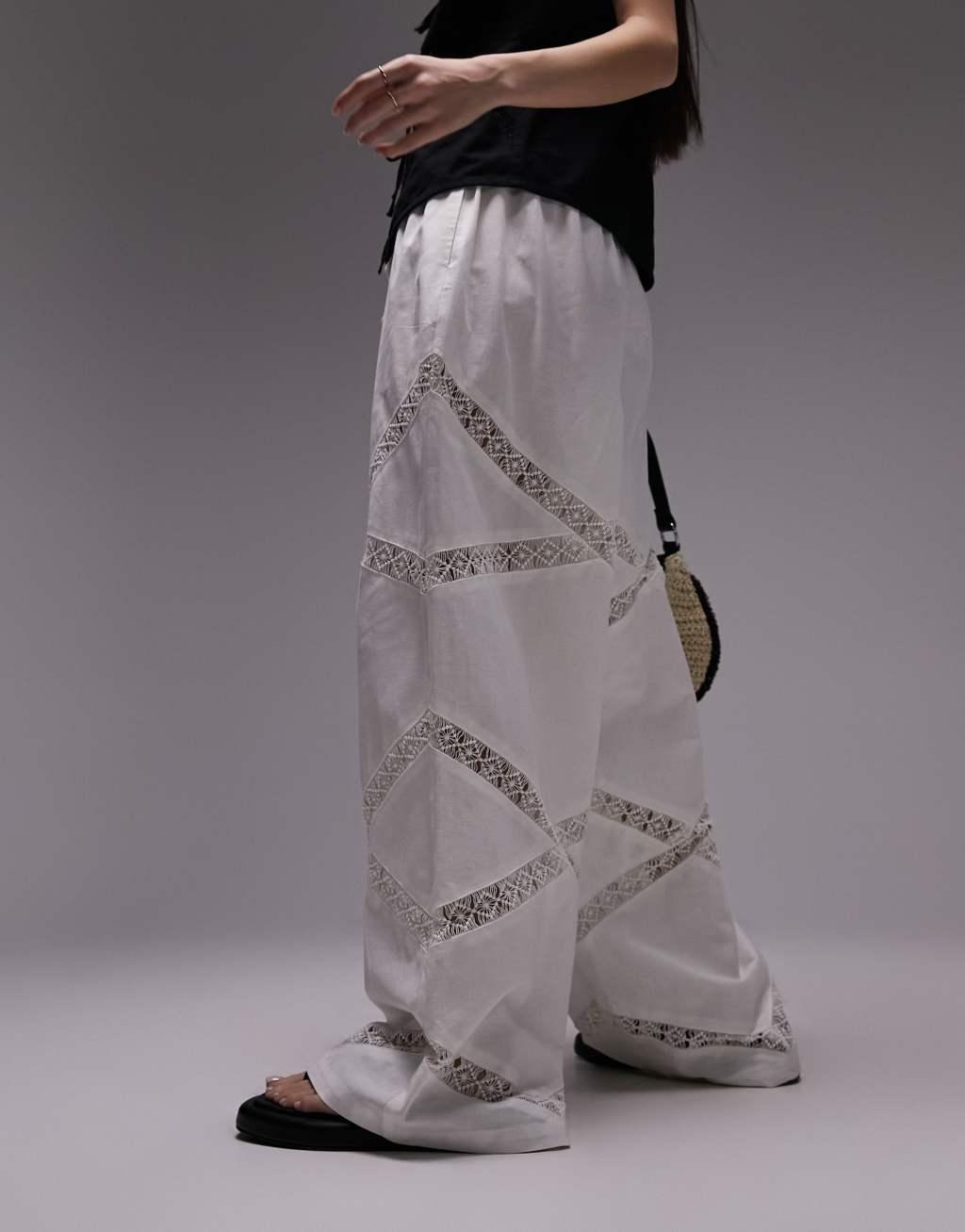 Topshop linen lace insert elasticated wide leg pants in white Product Image