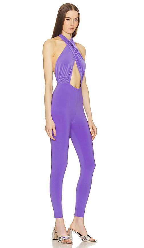 Norma Kamali x REVOLVE Cross Halter Jumpsuit in Purple. Product Image