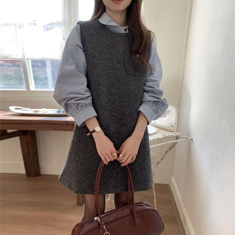 Long-Sleeve Plain Blouse / Sleeveless Tweed Mini Dress Product Image