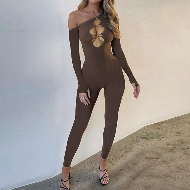 Long Sleeve One Shoulder Plain Cutout Skinny Jumpsuit Product Image