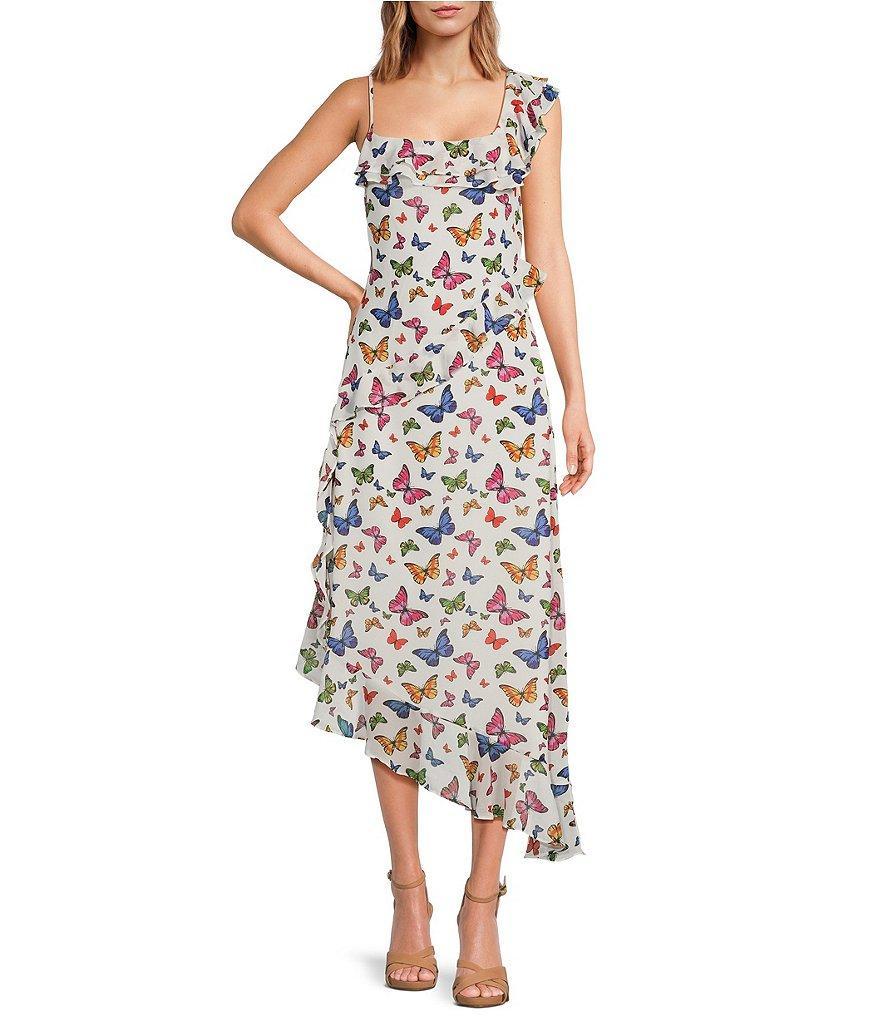 Sugarlips Sheer Chiffon Butterfly Print Asymmetrical Hem Square Neck Sleeveless Ruffle Midi A-Line Dress Product Image