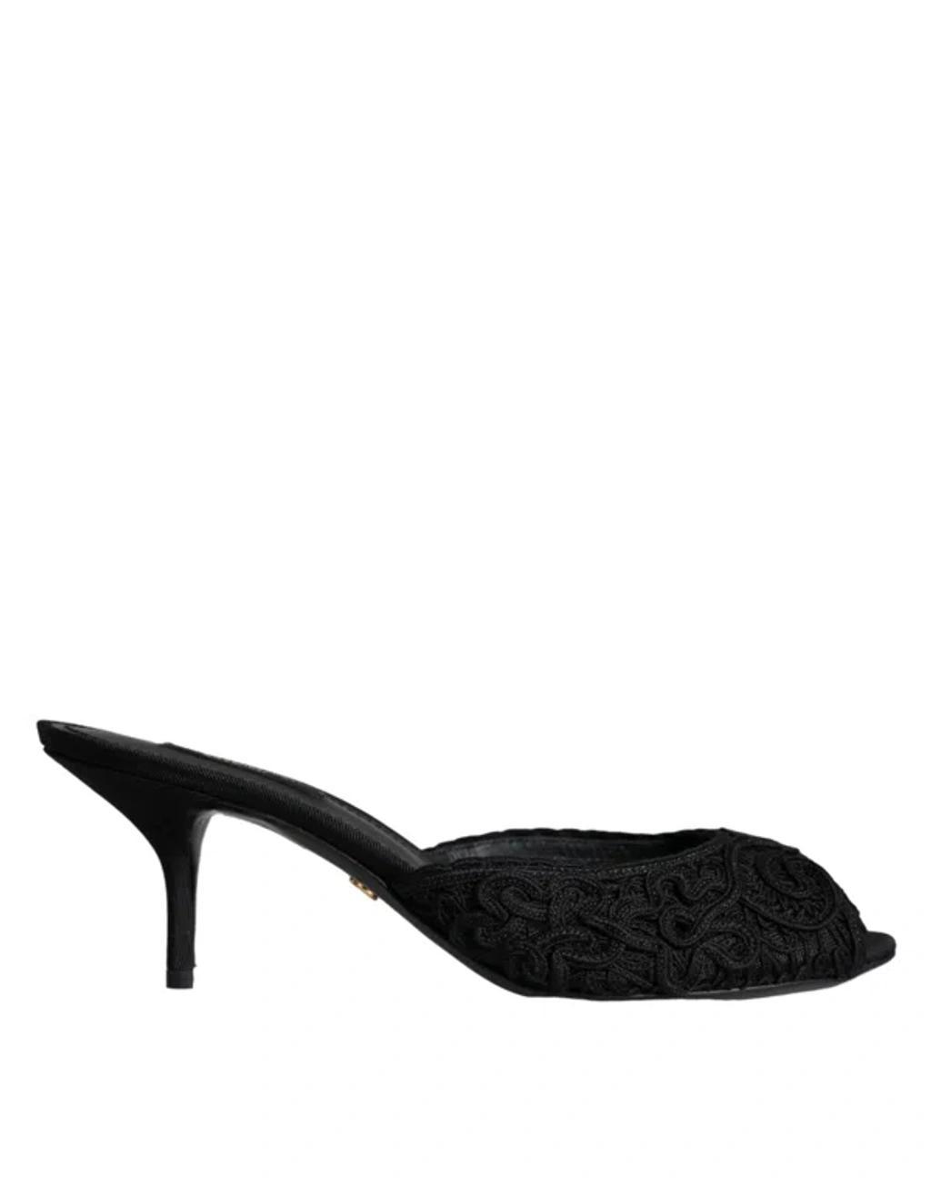 DOLCE & GABBANA Peep-toe Lace And Leather Mules In Nero Product Image