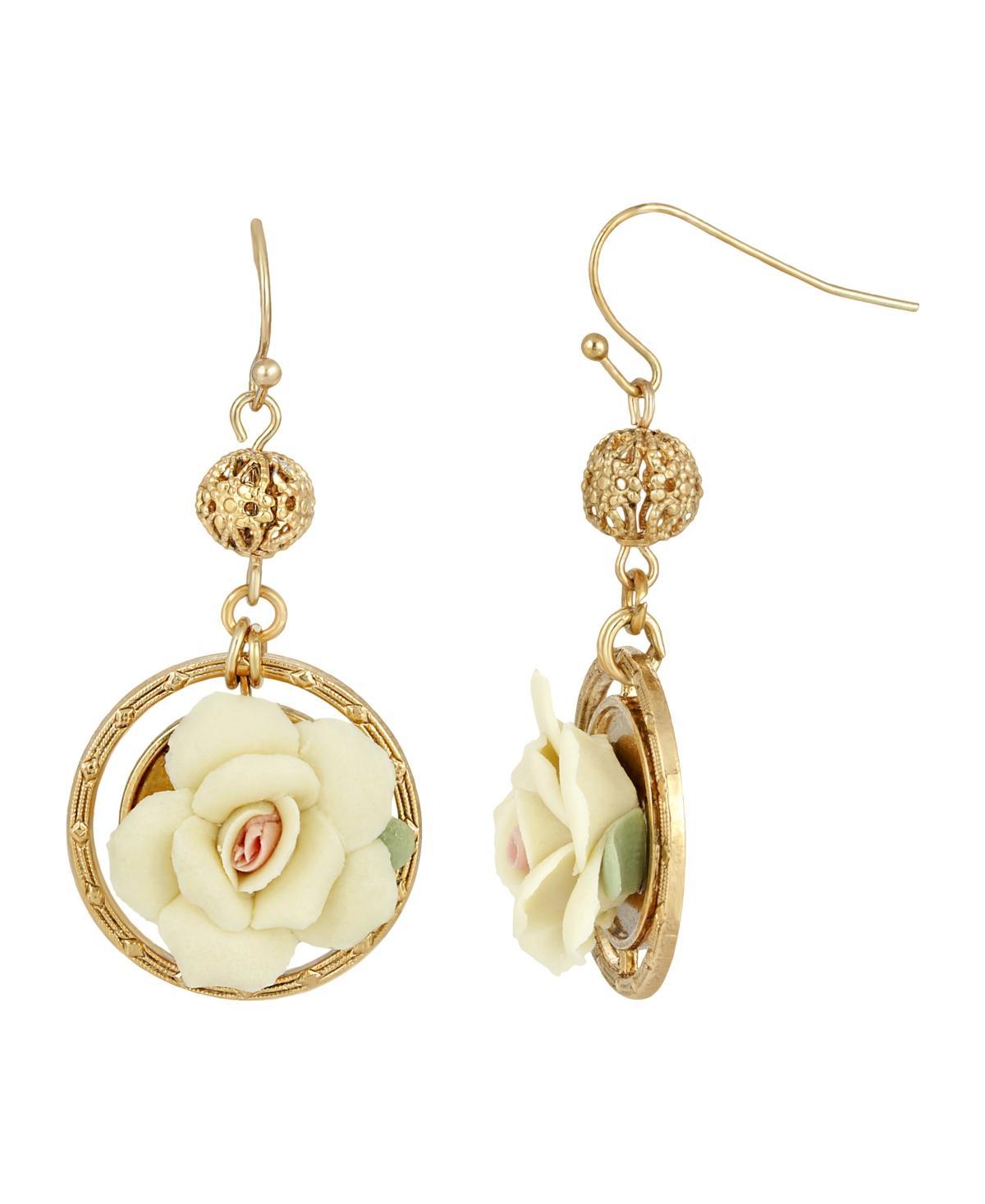 1928 Gold Tone Ivory Porcelain Rose Drop Earrings, Womens, White Product Image