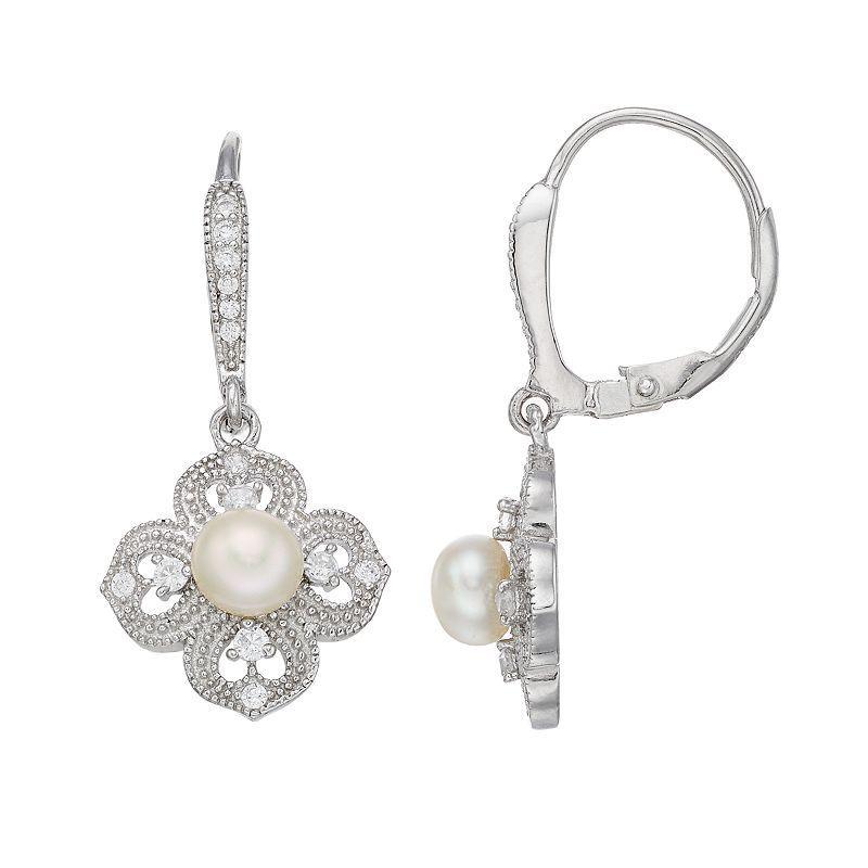 Sterling Silver Freshwater Cultured Pearl & Cubic Zirconia Flower Drop Earrings, Womens, White Product Image