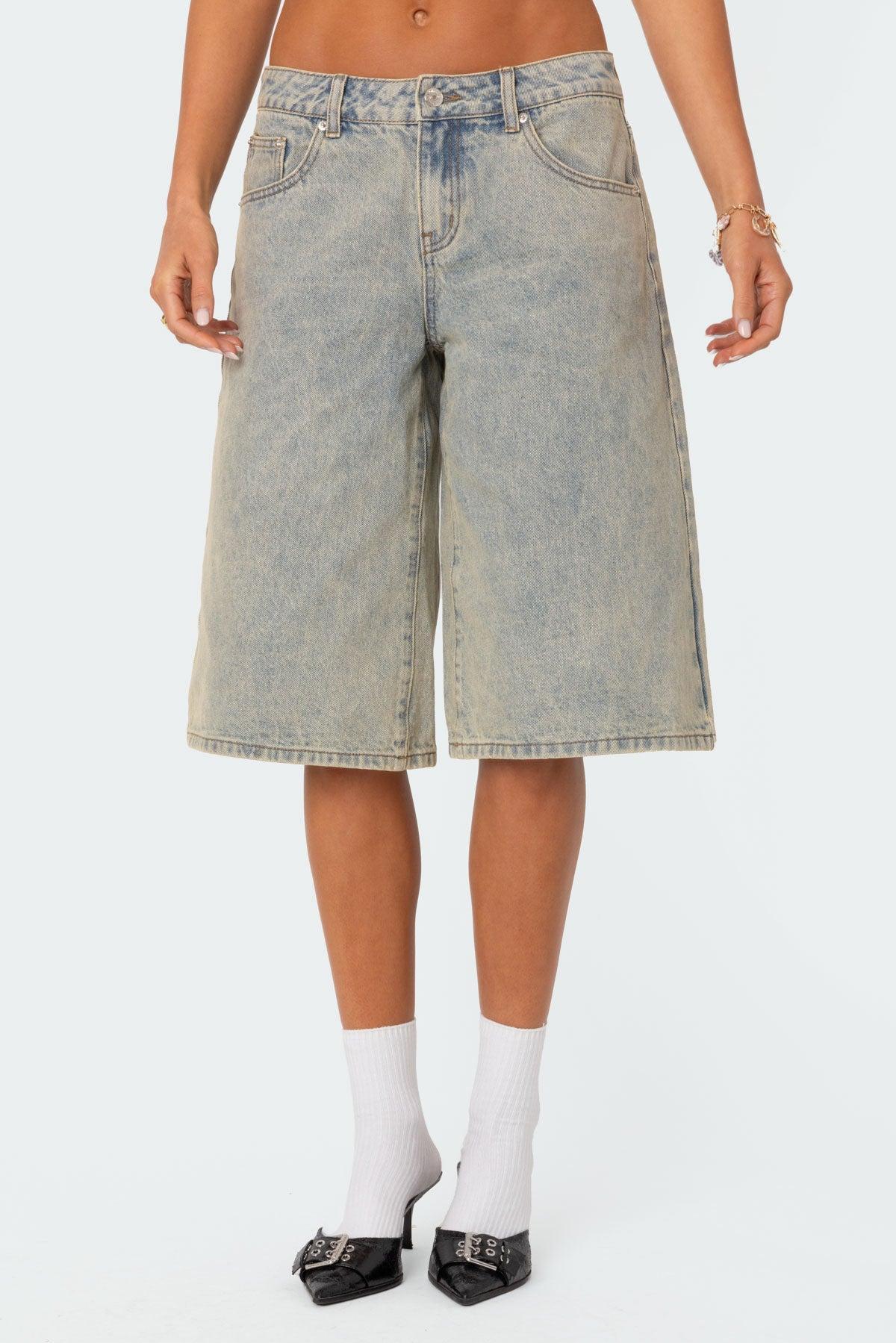 Xtra Long Acid Wash Denim Bermuda Shorts Product Image