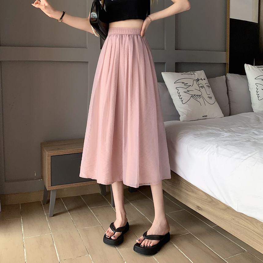 High Rise Plain Midi Pleated A-Line Skirt Product Image