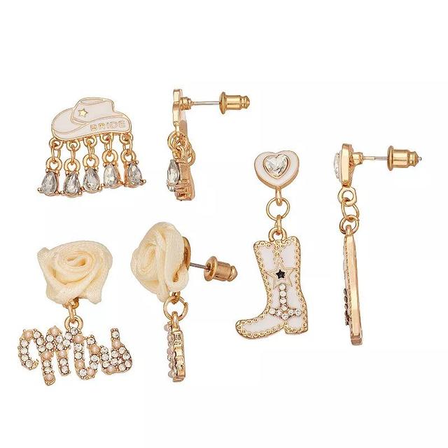 Celebrate Together 3-Piece Mrs., Boot & Cowboy Hat Drop Earrings Set, Womens, White Product Image