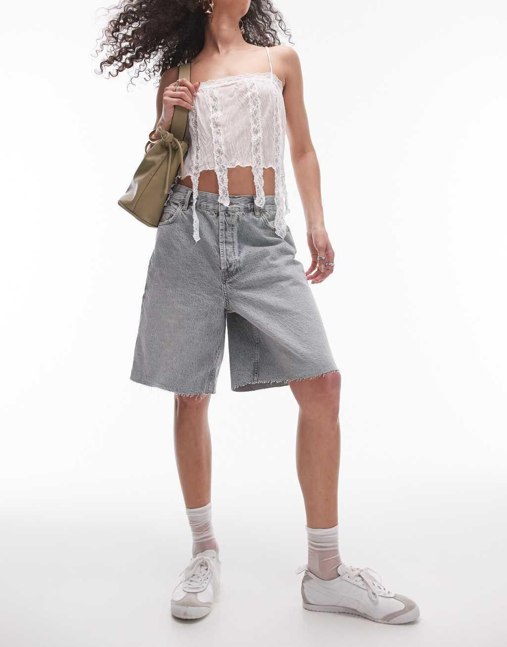 Topshop denim loose fit jorts in gravel wash  Product Image