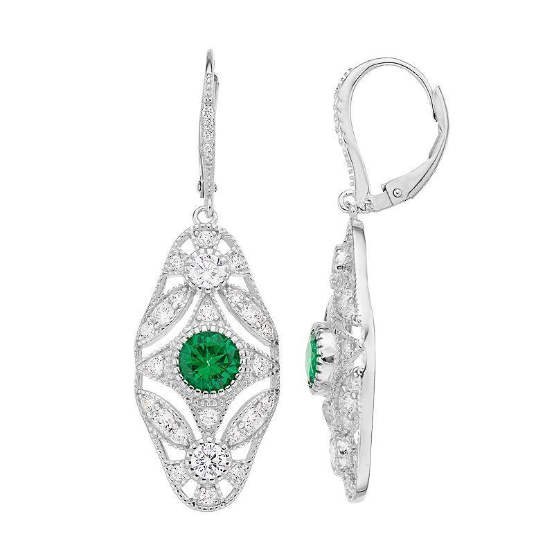 Sterling Silver Green & Clear Cubic Zirconia Vintage Inspired Drop Earrings, Womens Product Image