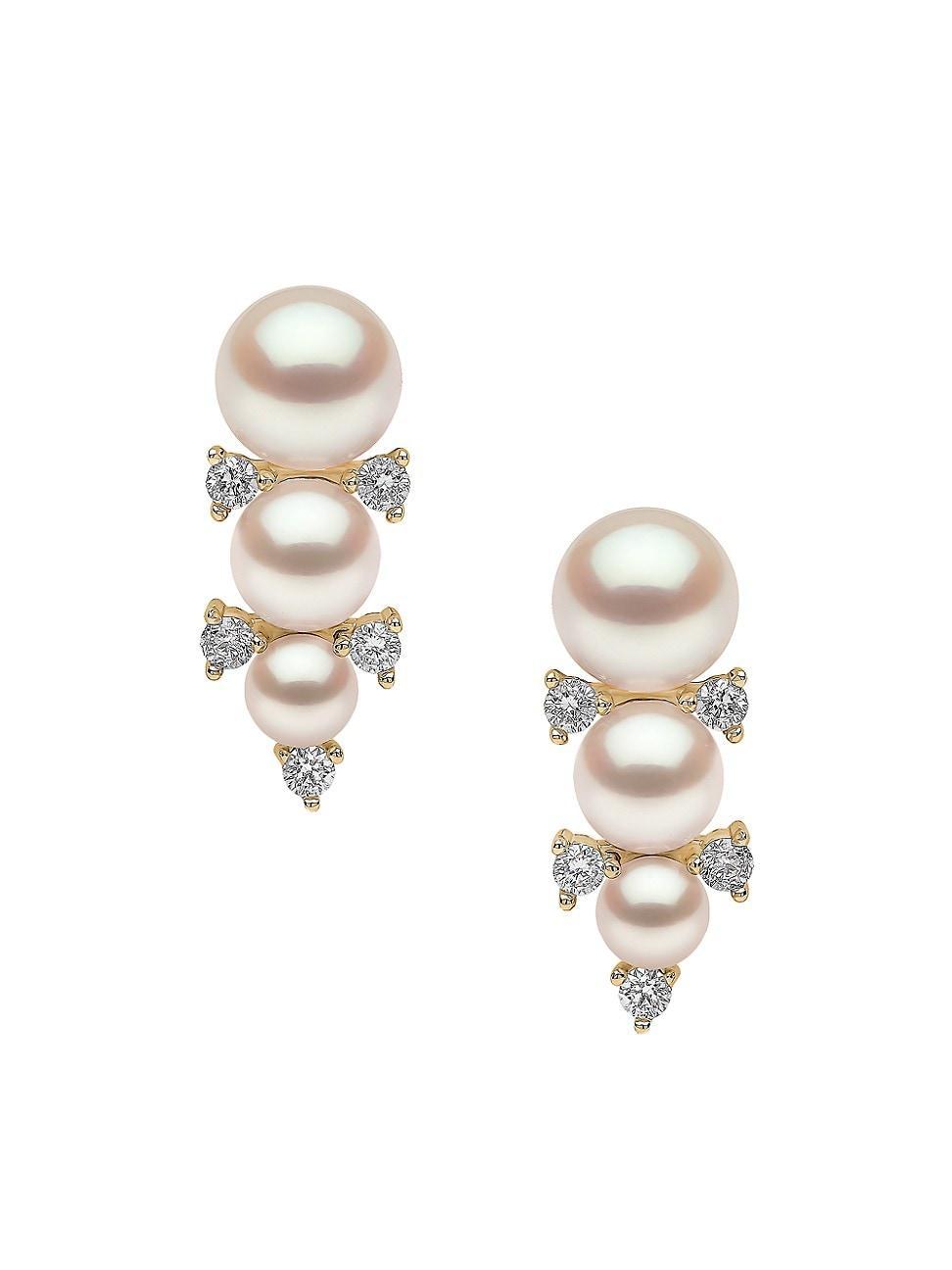 Womens Sleek 18K Yellow Gold, Diamond & 3-5.5MM Cultured Akoya Pearl Drop Earrings Product Image