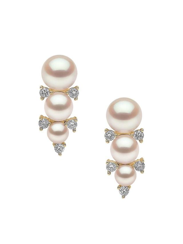 Womens Sleek 18K Yellow Gold, Diamond & 3-5.5MM Cultured Akoya Pearl Drop Earrings Product Image