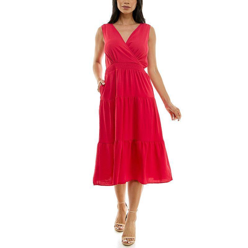 Womens Nina Leonard Tiered Smocked Midi Dress Pink Product Image