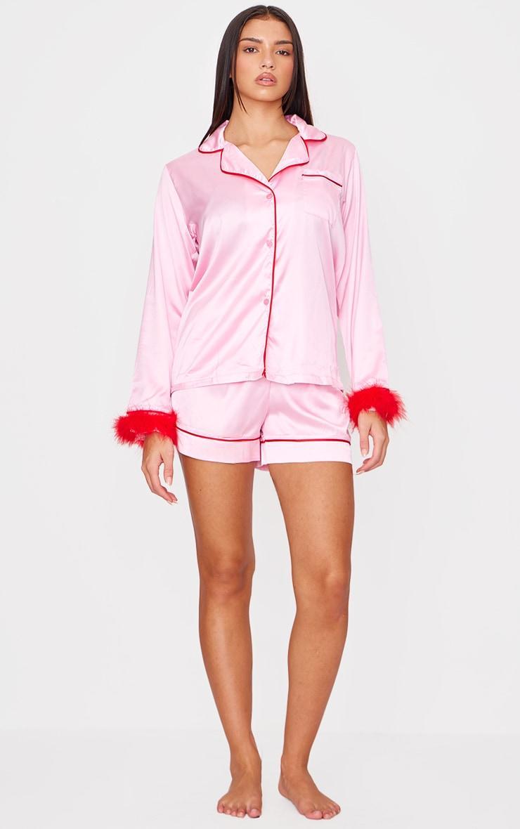 Pink Satin Contrast Feather Trim Short Pj Set Product Image