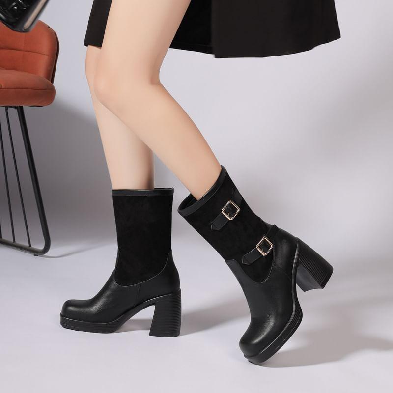 Chunky Heel Buckled Mid-Calf Boots product image