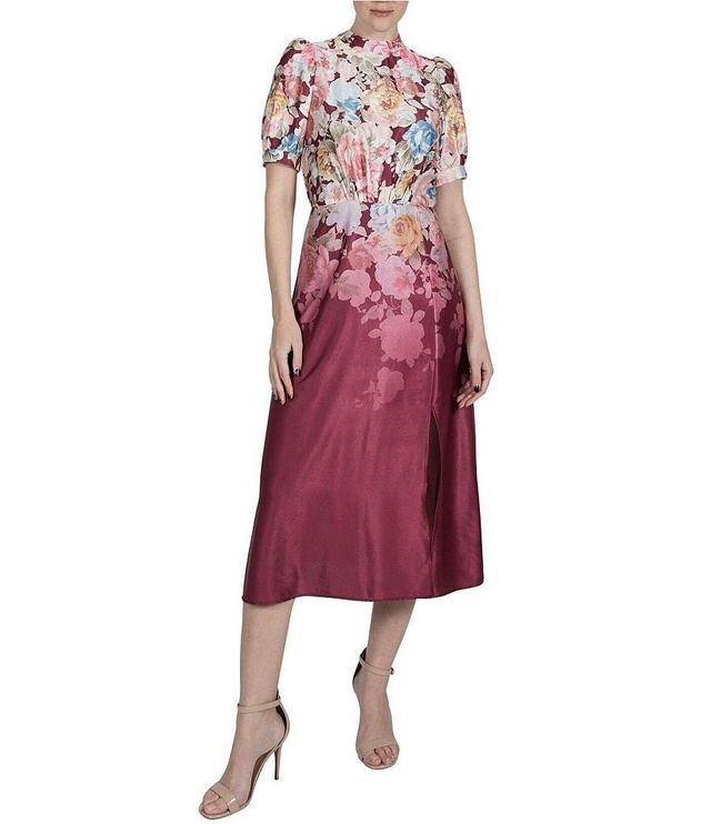 Julia Jordan Satin Floral Mock Neck Short Puff Sleeve Midi Dress Product Image