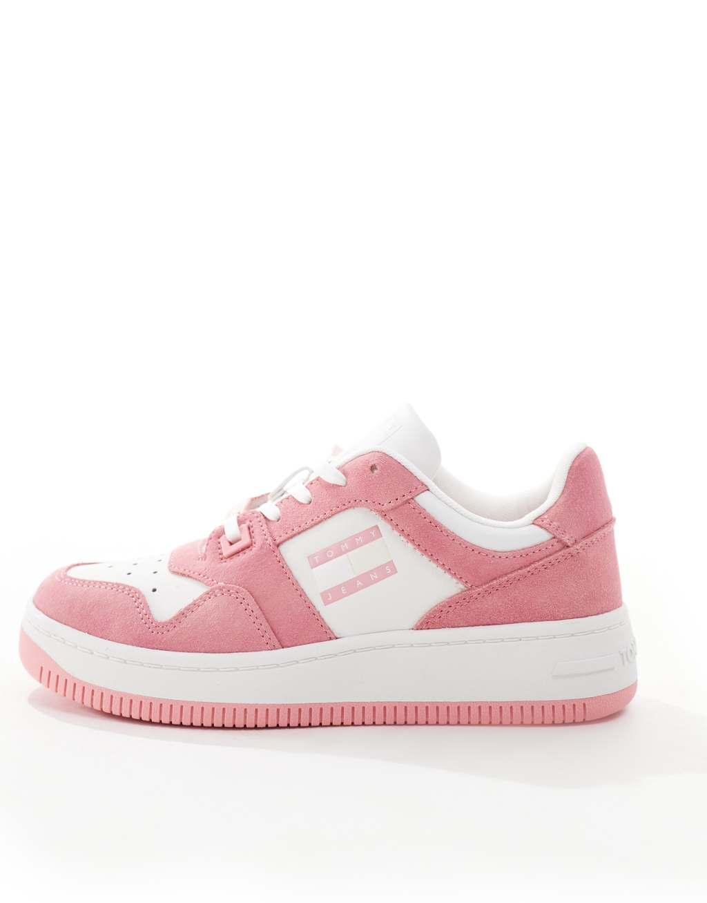 Tommy Jeans retro washed suede basketball sneakers in pink Product Image