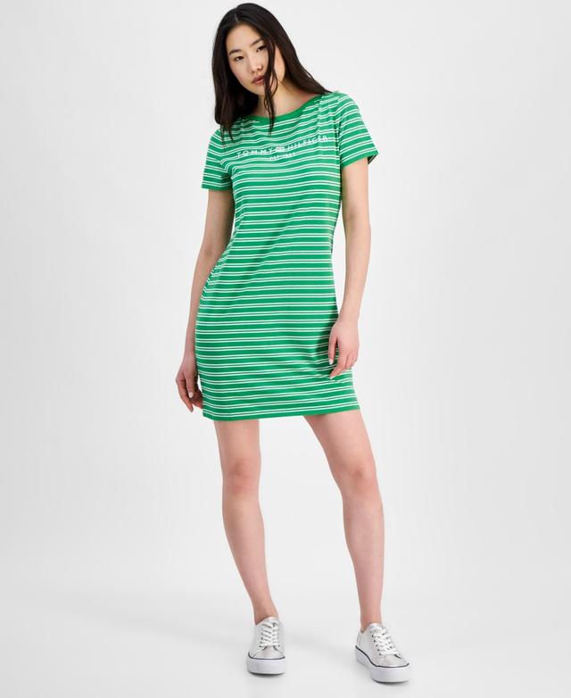 Tommy Hilfiger Womens Striped Logo Short-Sleeve T-Shirt Dress Product Image