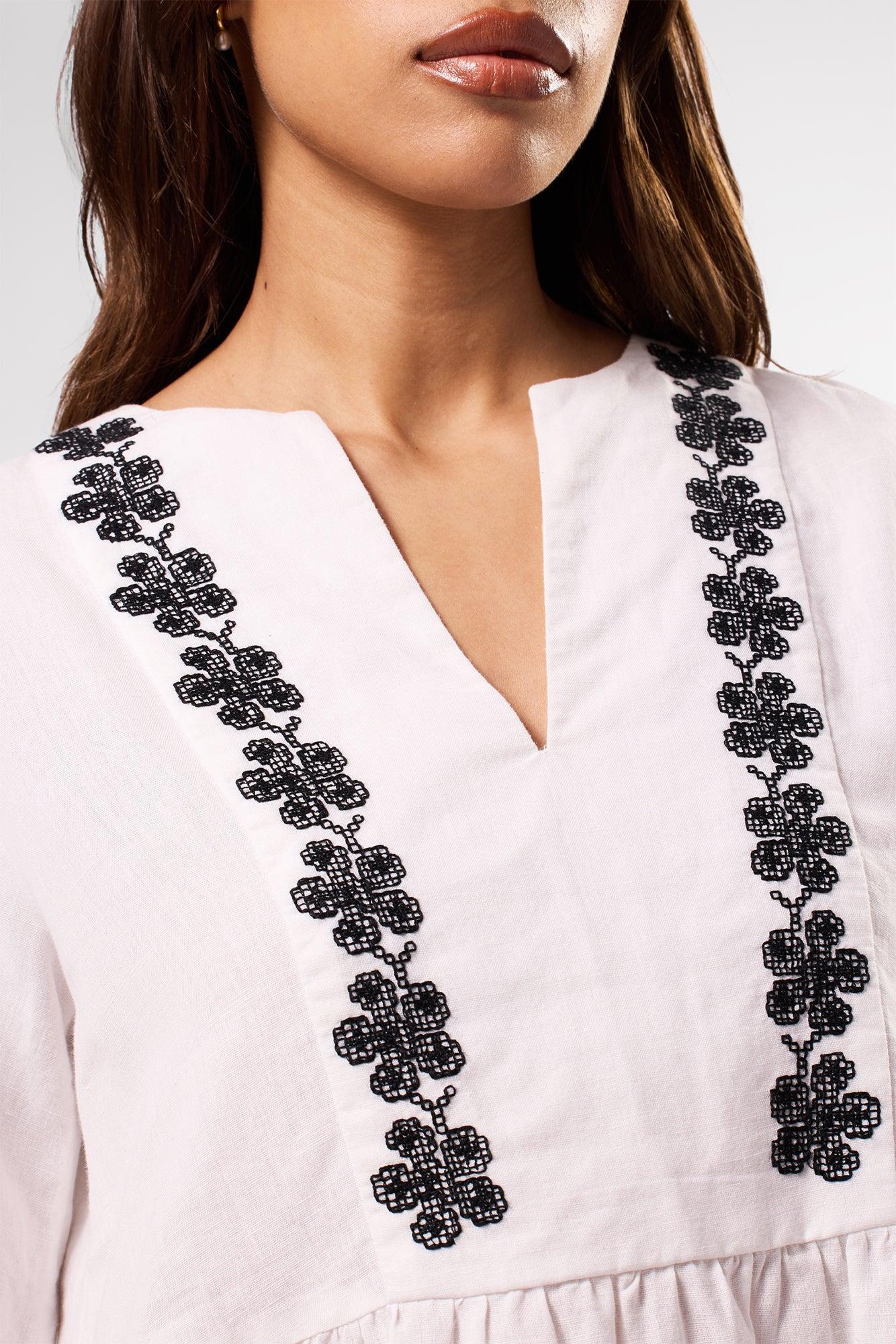 Placed Embroidery Dress - White Black Embroidery Product Image