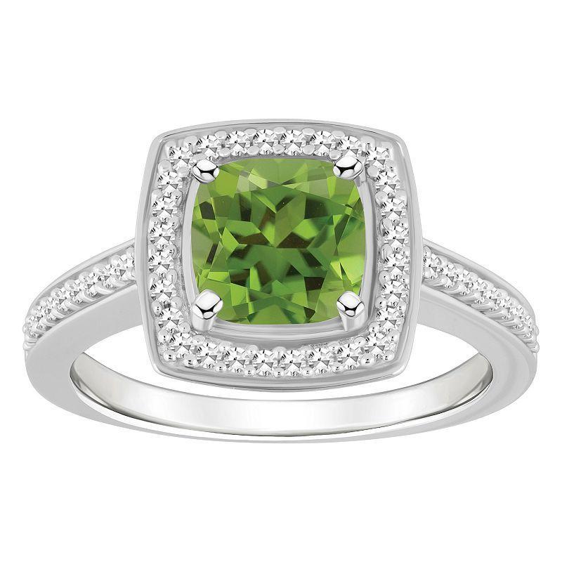 Celebration Gems Sterling Silver 7 mm Cushion Gemstone & 1/4 Carat T.W. Diamond Halo Ring, Womens Peridot Product Image