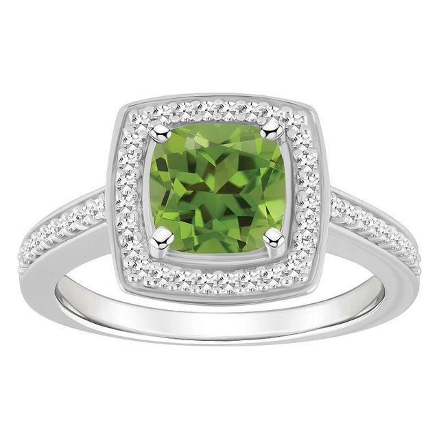 Celebration Gems Sterling Silver 7 mm Cushion Gemstone & 1/4 Carat T.W. Diamond Halo Ring, Womens Peridot Product Image